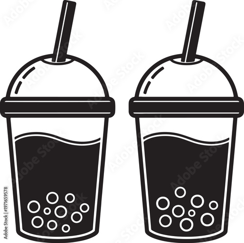 Two black and white stylized bubble tea drinks with straws and tapioca pearls also transparent background