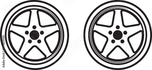 Two black five spoke car wheels with tire rims on white background also transparent background automotive