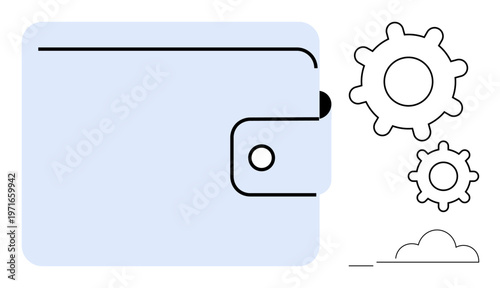Financial technology, digital payments, business optimization, savings management, financial planning, innovation. A wallet icon with gears and cloud elements. Financial technology and digital