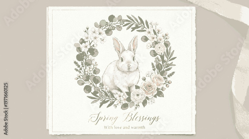Easter bunny in floral wreath with spring blessings greeting card design