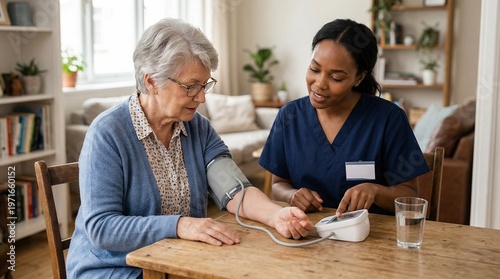 Nurse in navy scrubs measuring elderly woman blood pressure at kitchen table in daylight