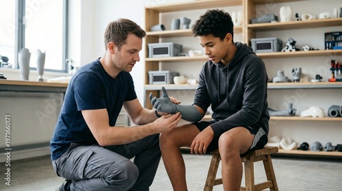 Prosthetic arm fitting by technician with teenage boy in daylight workshop