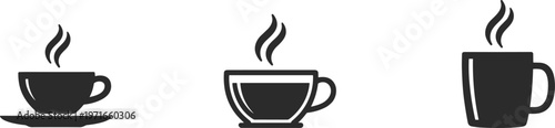 Three dark gray silhouette of steaming coffee cups and mugs on a white background