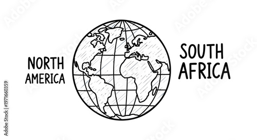 Outline illustration of a globe highlighting North America and South Africa, symbolizing global geography, isolated white background.