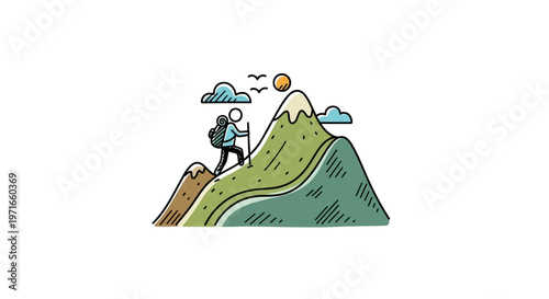 Person with a backpack hiking up a green mountain peak under a sunny sky with birds, in bright studio.