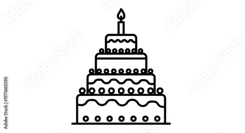 Outline illustration of a tiered birthday cake with a single burning candle on top, isolated white background.