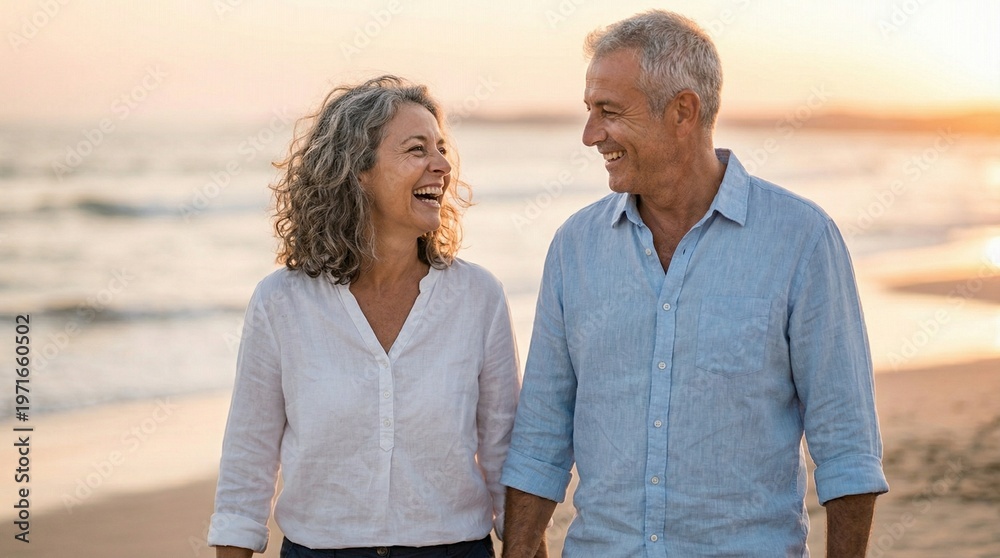 Naklejka premium Mature couple walking hand in hand on beach at sunset golden hour