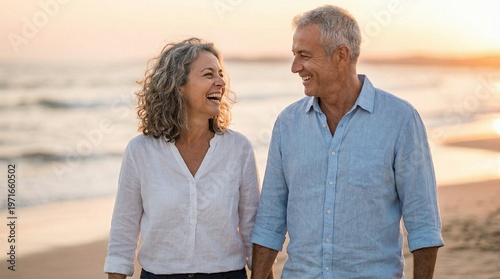 Mature couple walking hand in hand on beach at sunset golden hour