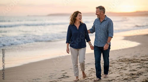 Couple in blue shirts walking barefoot on beach at sunset laughing and holding hands