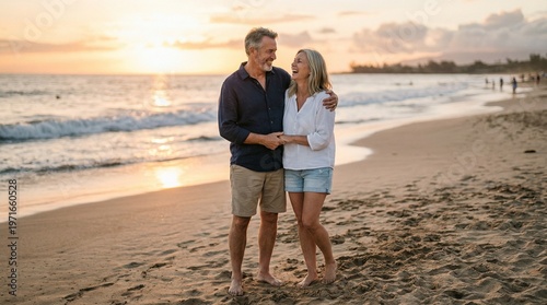 Middle aged couple walking barefoot on sandy beach at sunset golden hour backlit laughter