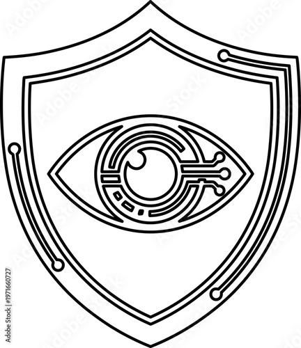 Single eye surveillance icon with shield for cyber security and network monitoring visibility