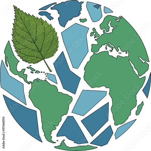 Environmental vector graphic showing a lush green leaf intricately placed over a geometrically fragmented world map, highlighting concepts of global conservation and eco-friendly design.