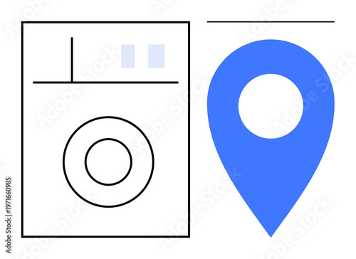 Navigation tools, geotagging, travel apps, location services, photography, digital maps. Abstract of a map pin and camera UI. Navigation tools and geotagging concept