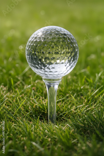 Clear glass golf ball perched on a tee in green grass with a blurred grassy background and soft natural light.