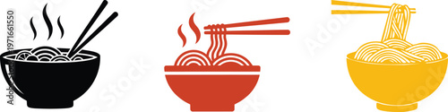 Collection of black food bowl icons showing various meals like noodles, salad, rice, soup, and breakfast in a simple minimalist glyph style for restaurant menus and apps