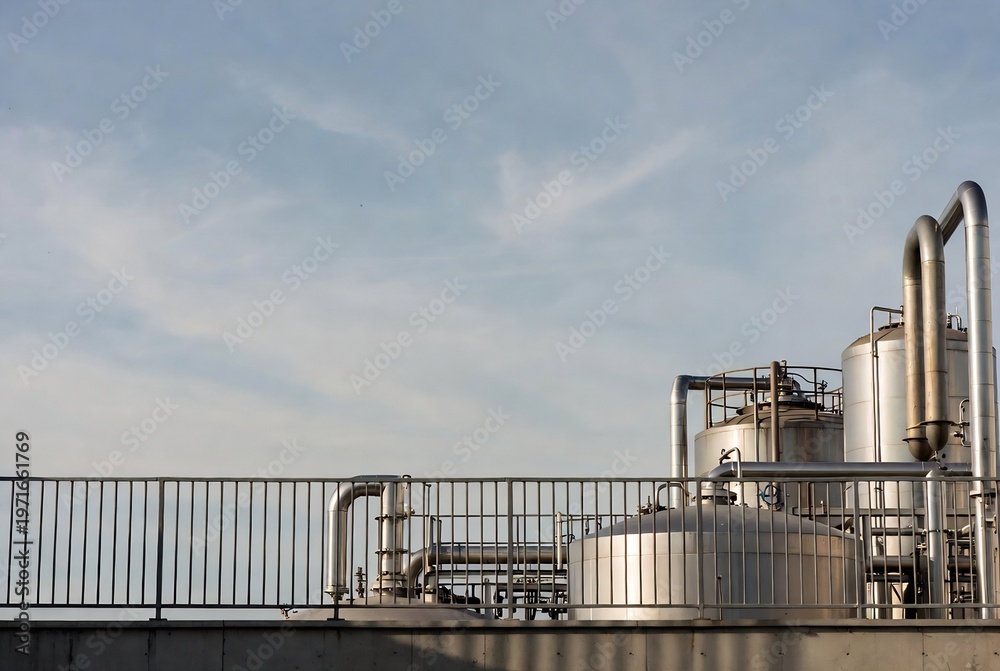 Obraz premium Industrial facility with pipes, tanks, and a railing against a cloudy sky.