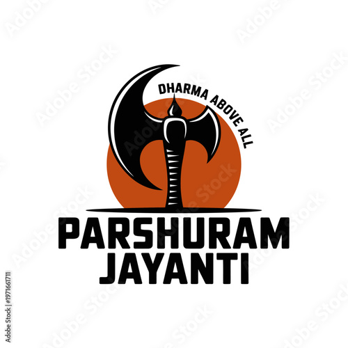 Parshuram Jayanti festival poster with black axe and sun silhouette featuring dharma above all quote