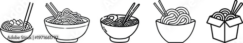 Collection of black food bowl icons showing various meals like noodles, salad, rice, soup, and breakfast in a simple minimalist glyph style for restaurant menus and apps