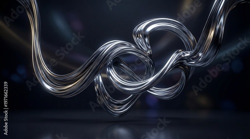Reflective chrome knot of twisted ribbons floating in dark studio lighting