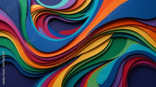 Colorful layered paper waves close up abstract multicolor paper cut composition with deep shadows