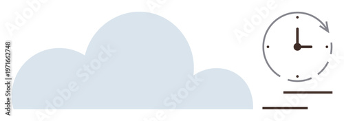 Cloud computing, time management, data synchronization, digital storage, technology systems, workflow optimization. A cloud and a clock with movement indication. Cloud computing and time management