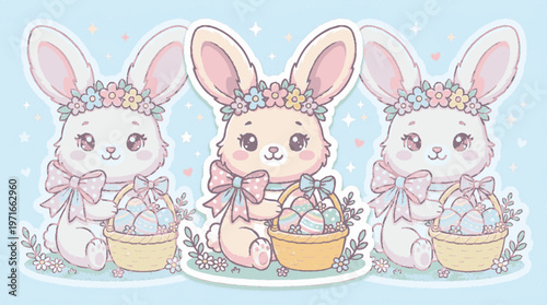 Three adorable easter bunnies with floral crowns and colorful eggs in baskets on a light blue background with sparkles