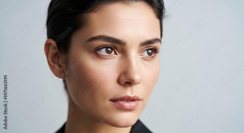 Naklejka premium Close-up studio portrait of a thoughtful young woman with short dark hair, featuring her natural beauty, clear skin, and intense gaze, embodying modern elegance and a serene presence