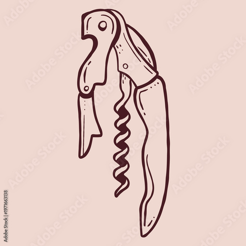 Minimalist line art vector illustration of a professional waiter's corkscrew with a foil cutter, isolated on background.