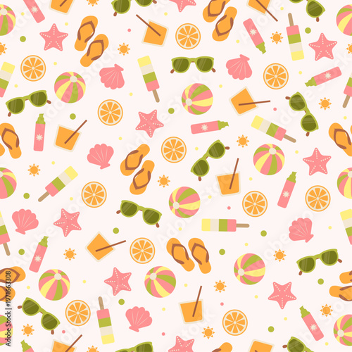 Cute seamless summer beach vector pattern. Background with sunglasses, flip flops, ice cream, seashells and citrus slices. Seasonal colorful wallpaper 
