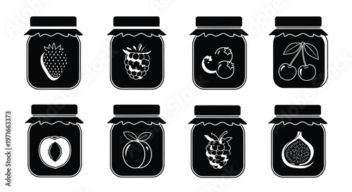 Black and white icons depicting various fruit preserves in glass jars