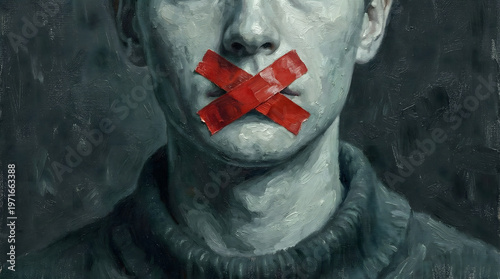 Man with Mouth Sealed by Red Tape, Symbolizing Silence and Suppression
