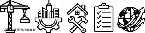 Construction and Real Estate Development Icon Set Featuring Tower Crane, City Infrastructure, Home Renovation Tools, Project Management Checklist, and Global Logistics