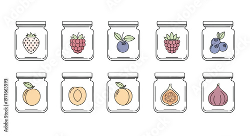 Colorful illustration of jars filled with various fruits including berries and stone fruits
