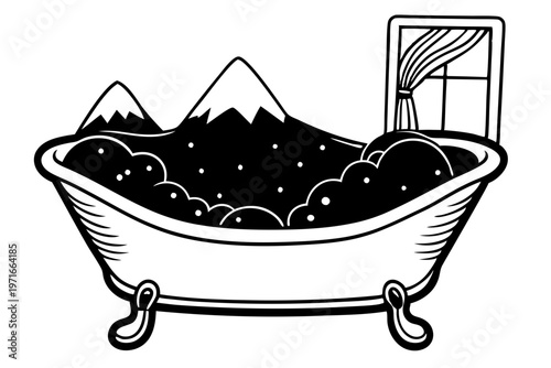 Clawfoot Bathtub with Bubbles Vector Illustration Near Window with Scenic Outdoor View and Relaxing Mood