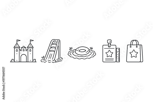 Collection of simple line art icons representing amusement park attractions and amenities