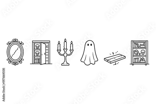 Spooky Halloween icons including a ghost, candelabra, and haunted objects