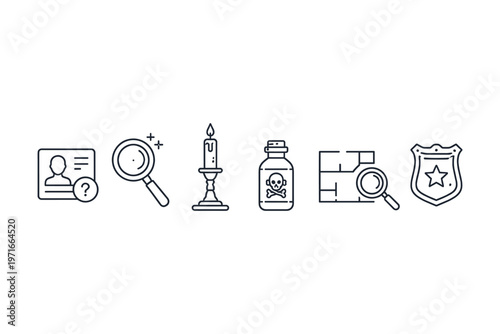 Collection of crime investigation icons including a badge, magnifying glass, and poison bottle