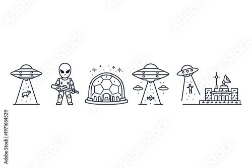 Collection of cartoon alien and UFO icons with a retro sci-fi theme