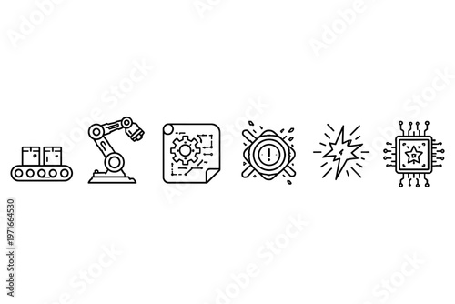 Industrial automation icons showing production, robotics, engineering, and technology