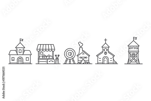 Collection of simple line art icons representing a small town's essential buildings and activities
