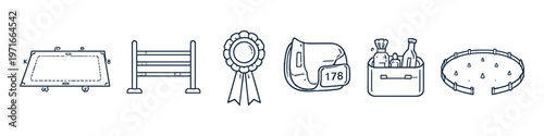 Equestrian sport equipment and awards collection, line art icons