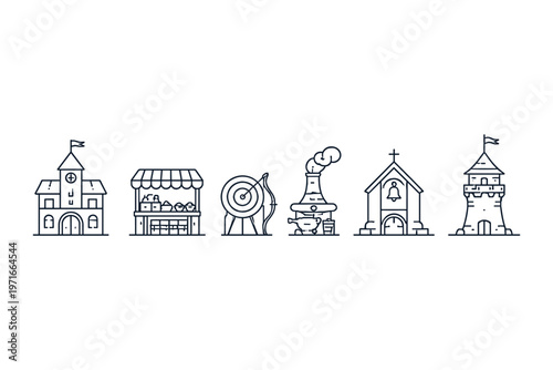 Collection of medieval village buildings and objects in a clean line art style