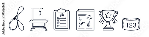 Dog grooming and competition icons: grooming table, checklist, trophy, and bib