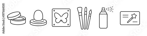 Collection of makeup and beauty icons including brushes, spray, and stencil