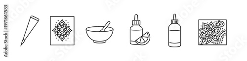Collection of icons representing henna tattoo application and ingredients