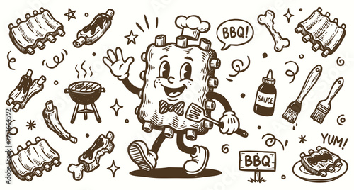 Vintage 1930s Rubber Hose Style BBQ Ribs Character and Grilling Doodle Set