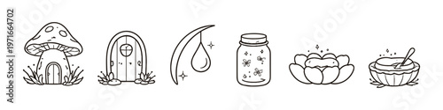 Whimsical fairy tale elements including a mushroom house, tiny door, and magical jar