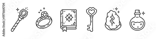 Collection of magical fantasy items including a wand, ring, spellbook, key, gem, and potion