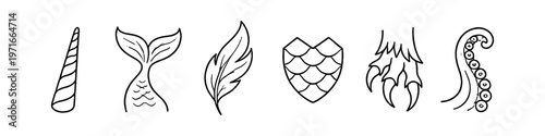 Collection of mythical creature elements including unicorn horn, mermaid tail, feather, scales, claw, and tentacle