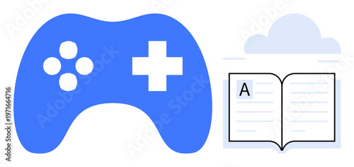 E-learning, gamification, education technology, digital studies, knowledge sharing, interactive learning. Blue game controller and open book against a minimal design. E-learning and gamification